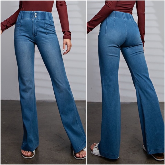 014 Medium Wash Flared Wide leg Denim Jean Pants - Picture 3 of 3